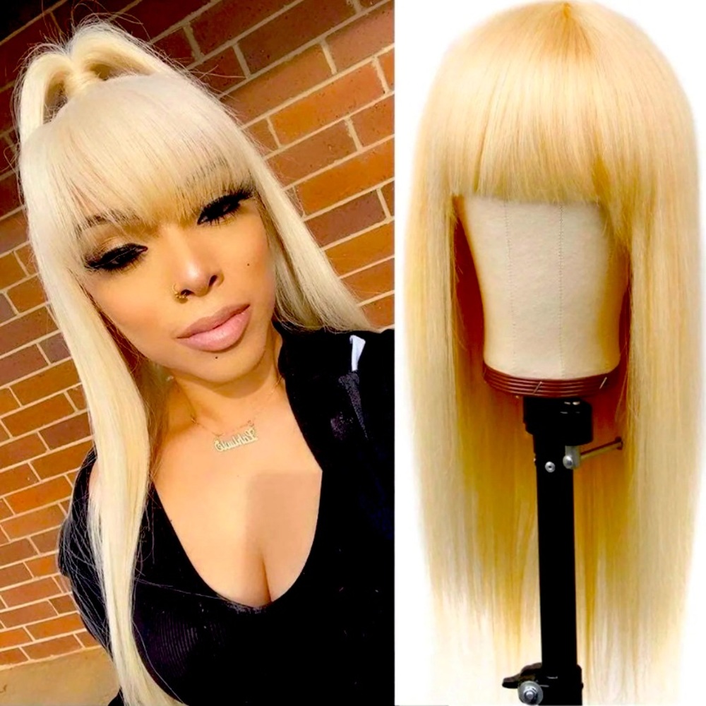 24inch Human Hair Blonde Wig with Bangs